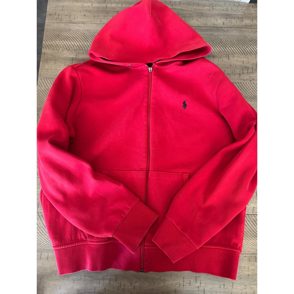 Polo Ralph Lauren Men's Large Red Full-Zip Fleece Hoodie Blue Pony Logo